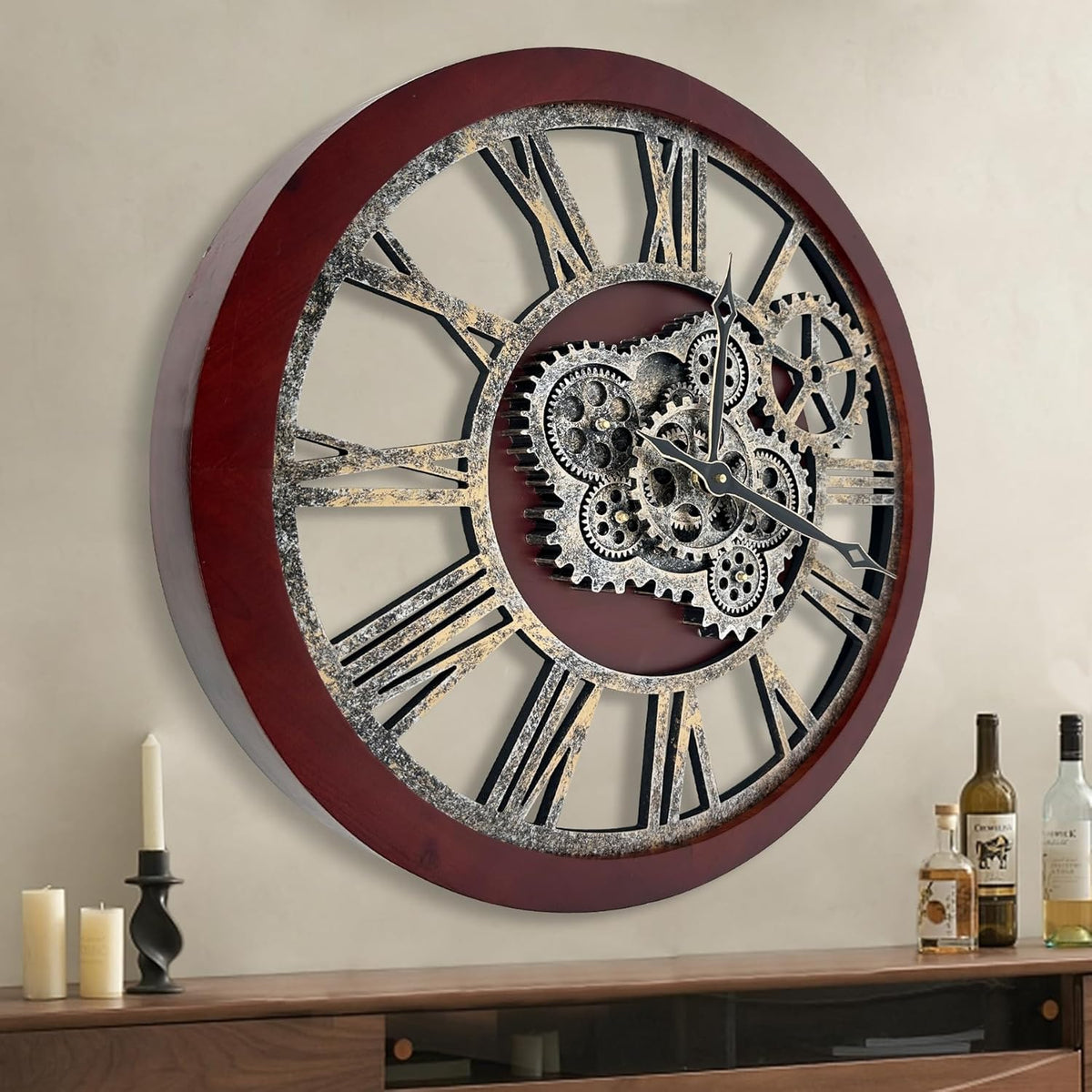 HOIBAI Farmhouse Vintage Industrial Oversized Wall Clock - 24 in (60cm) Moving Gear Wall Clock for Living Room Decor