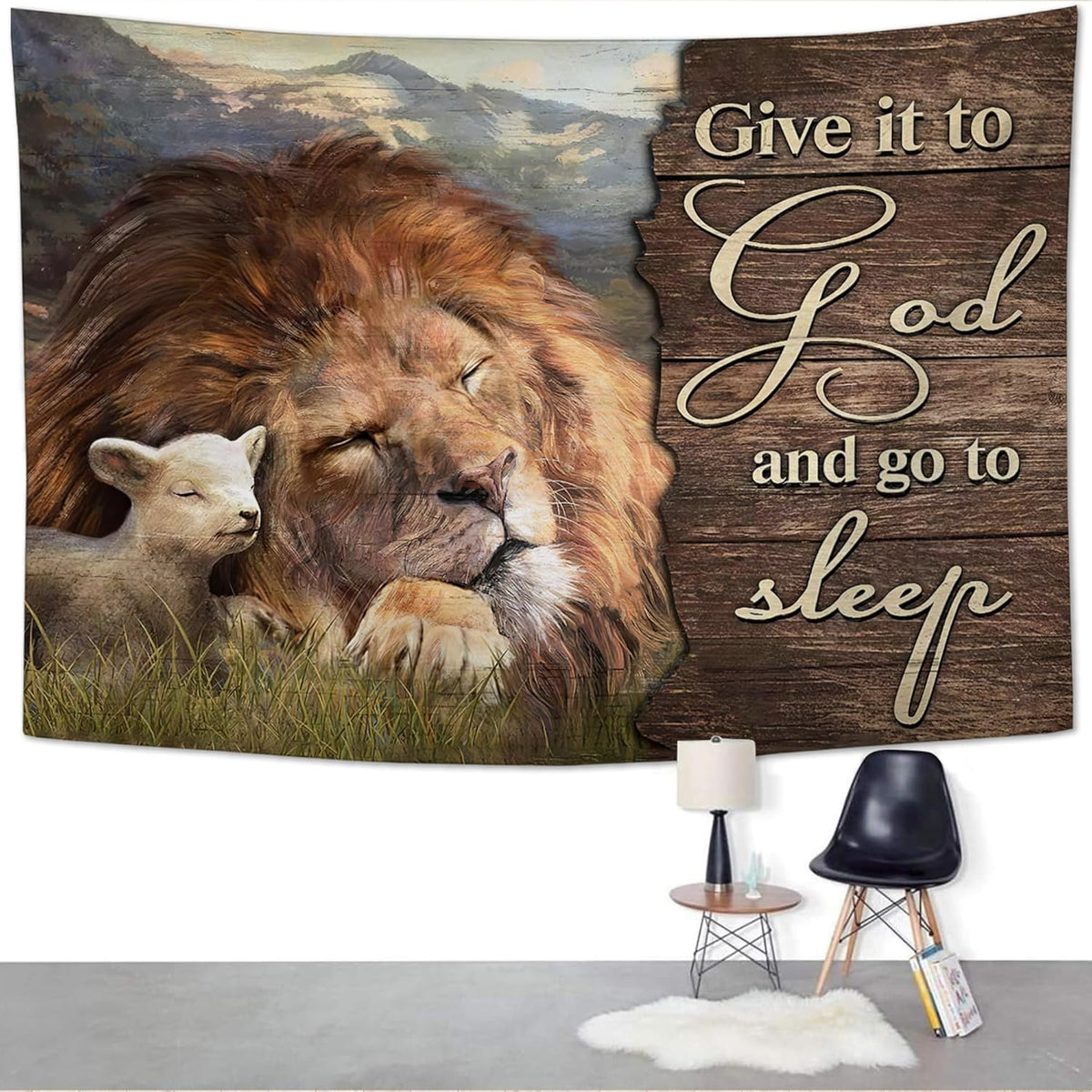 yowecso Lion and Lamb Tapestry Give It To God And Go To Sleep Tapestry Wall Hanging for Bedroom Christian Religious Tapestries Aesthetic Wall Decor for Home Dorm Living Room 50"x60"