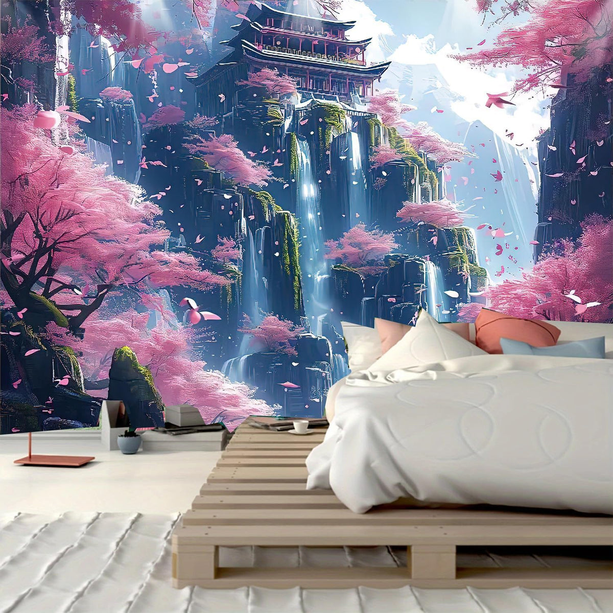 FENDROM Japanese Aesthetic Pink Cherry Blossom Tree Tapestry Building On Mountains Waterfall River Fairytale World Asian Art Tapestry for Bedroom Living Room