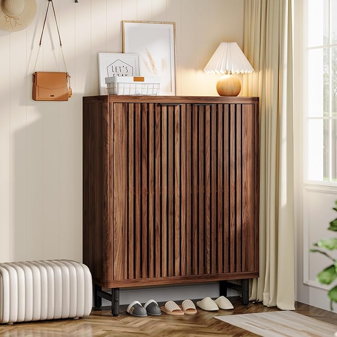 Tribesigns 6-Tier Farmhouse Shoe Cabinet with Shutter Doors, Wooden Shoe Organizer Rack with Adjustable Shelves, Modern Large Hidden Storage Furniture for Entryway, Hallway (Black&Brown)