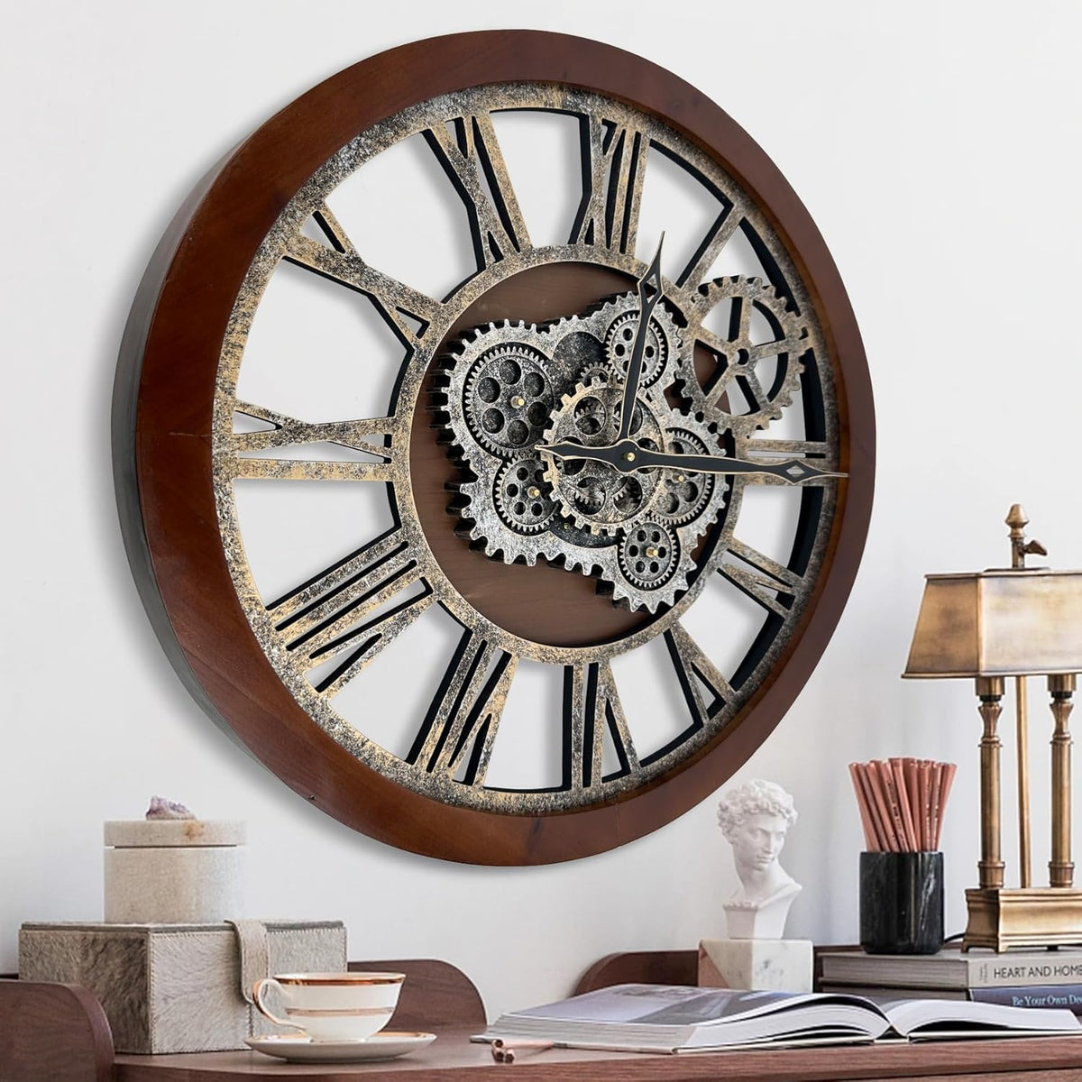 HOIBAI Large Wall Clock, 24 Inch Wall Clocks for Living Room Decor Farmhouse Vintage Rustic Kitchen Wall Decor Vintage Roman Big Oversized Wall Clock for Home Bedroom House Office, Moving Gears Clock