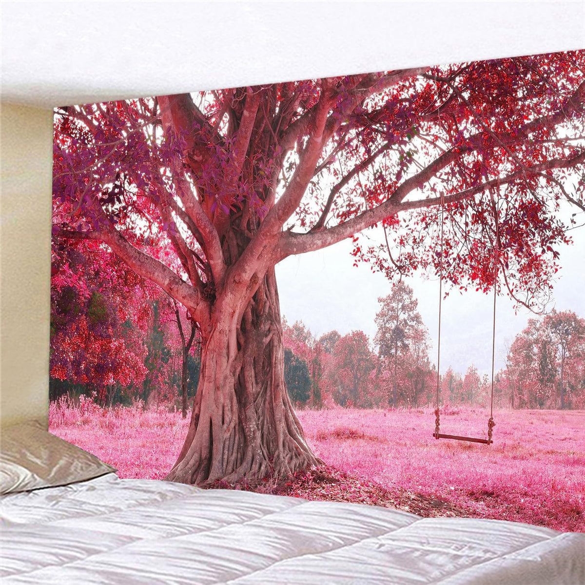 FENDROM Autumn Pink Flower Tapestry Window View Wall Hanging, Nature Forest Floral Trees Garden Scenic Tapestries for Living Room Home Office Dorm