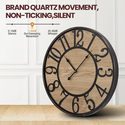 Large Wall Clock for Living Room Decor, Non Ticking Silent, Battery Operated Modern Vintage Wood Oversized Decorative Wall Clock for Bedroom Kitchen Farmhouse Office Decor