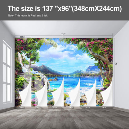 Landscape Lake Waterfall Wall murals Peel and Stick Wallpaper for Bedroom Living Room - 96"x137"