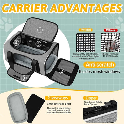 Small Pet Carrier 17" L x 11" W x 9.5" H Airline Approved, Grey | for Alaska Airlines, Lockable Safety Zippers and Anti-Scratch Mesh, Pets Under 10 lbs