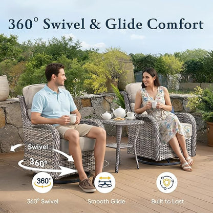Belord Luxury 6" Thick Cushioned Outdoor Swivel Rocker Patio Chairs with Side Table, 3 Pieces High Back Wicker Furniture Set with Ergonomic Back, Conversation Gliders Set for Deck Porch - Grey+Beige