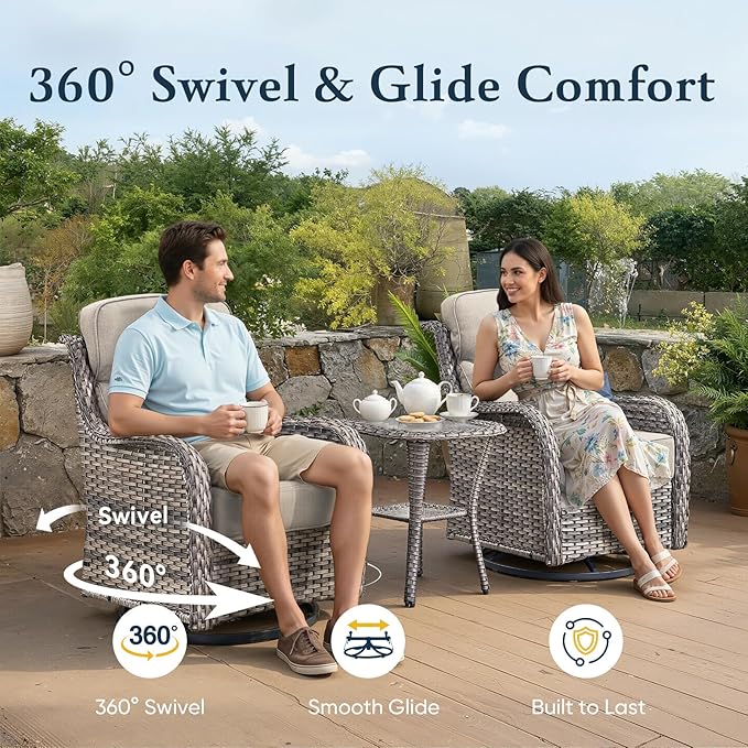 Belord Luxury 6" Thick Cushioned 10 Pieces Patio Furniture Set with Outdoor Couch, Wicker Outdoor Conversation Set with High Back Swivel Rocker Chairs for Deck Porch Yard and Poolside - Grey+Beige