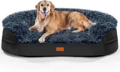 iweepet Fluffy Orthopedic Dog Beds for Large & Extra Large Dogs, 44" Calming Dog Sofa Bed with28D Egg-Crate Foam, Removable Washable Cover, Waterproof Lining, for Puppy,Senior,Sick