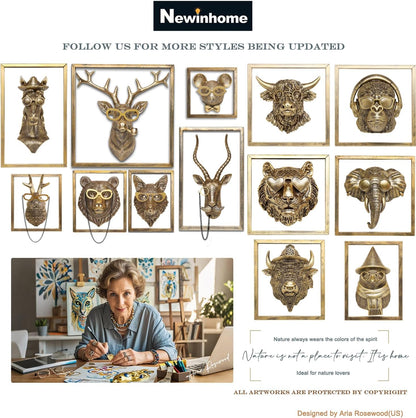 Animal Heads Wall Decor (Includes Metal Frame) Resin Animals Sculptures Head Wall Hanging Decoration Gold vintage Wall Sculpture for Living Room Bedroom Office (Elephant)
