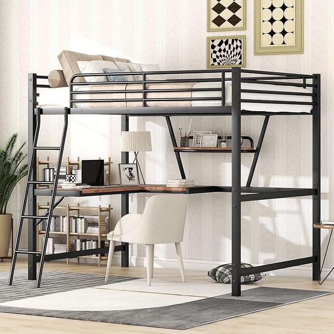 Full Size Loft Metal Bed with Desk and Shelf,Modern Bedroom Bed Frame w/Full-Length Guardrails & Ntegrated Ladder,Slat Support,for Adult Kid Boy Girl Teen,Black
