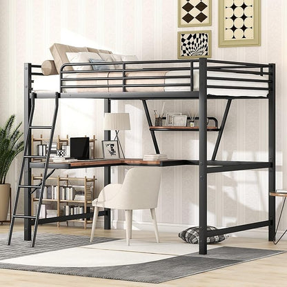 Full Size Loft Metal Bed with Desk and Shelf,Modern Bedroom Bed Frame w/Full-Length Guardrails & Ntegrated Ladder,Slat Support,for Adult Kid Boy Girl Teen,Black