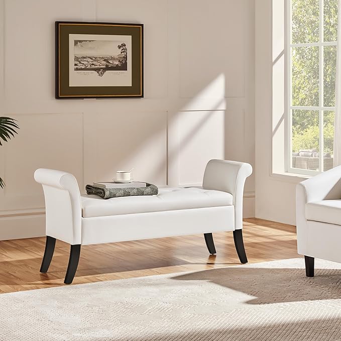 Yaheetech Ottoman with Storage, 52" Storage Ottoman Bench with Safety Hinge, Upholstered Bench with Seating for Bedroom, Living Room, Holds up to 661 lb, White