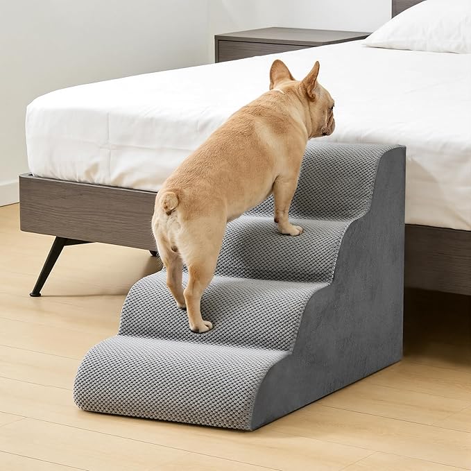 DUMOS Dog Stairs Ramp for Small Dogs and Cats, 4-Step Curved Pet Dog Steps with High-Density Foam for Puppy and Older Cats, Indoor Non-Slip Pet Ladder Ramp Stairs for Couch, High Beds, Sofa, Car, Grey