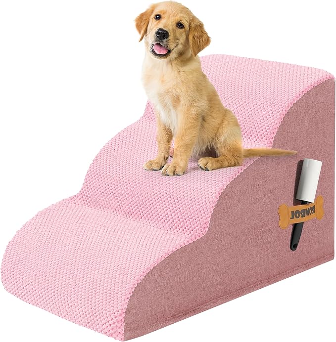 Romrol Dog Stairs Ramp for High Beds Couches, High Density Foam Pet Steps with Durable Non-Slip Waterproof Fabric Cover, Dog Stairs for Small Dogs or Cats or Pets, 3-Step,15 Inch,Pink