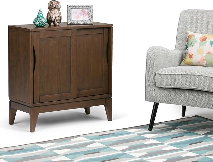 SIMPLIHOME Harper SOLID WOOD 30 inch Wide Mid Century Modern Low Storage Cabinet in Walnut Brown, with Large Space Behind 2 Sliding Notched Handle Doors with 2 Adjustable Shelves