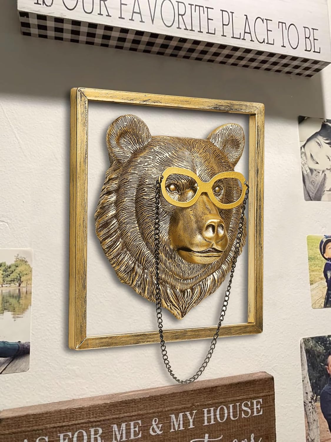 Animal Heads Wall Decor (Includes Metal Frame) Resin Animals Sculptures Head Wall Hanging Decoration Gold vintage Wall Sculpture for Living Room Bedroom Office(Bear)