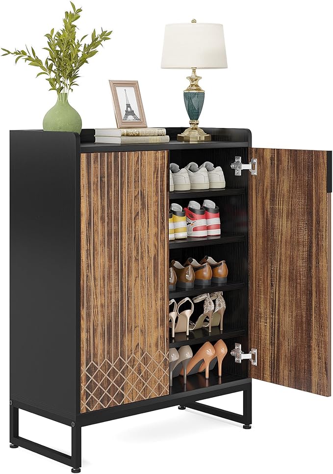 Tribesigns Shoe Cabinet with Doors, 6 Tiers Shoe Storage Cabinet for Entryway, 25 Pairs Wooden Shoe Cabinets, Modern Shoe Organizer Storage for Living Room, Bedroom, Hallway, Closet, Black and Brown