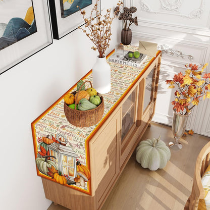 Linen Fall Table Runner - 48 Inch Farmhouse Leaves Pumpkin Table Decor Autumn Thanksgiving Home Kitchen Dining Room Decoration