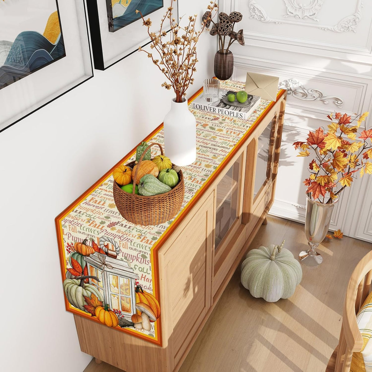 Linen Fall Table Runner - 60 Inch Farmhouse Fall Leaves Pumpkin Decor for Autumn Thanksgiving Home Kitchen Dining Room