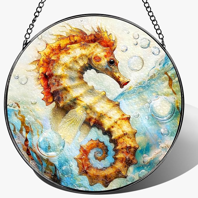 Stained Glass Window Hanging, 8 Inch Seahorse Sun Catcher Decor, Stained Glass Ornament, Suncatchers for Windows Hanging, Window Decor, Seahorse Gifts, Gifts for Ocean Lovers
