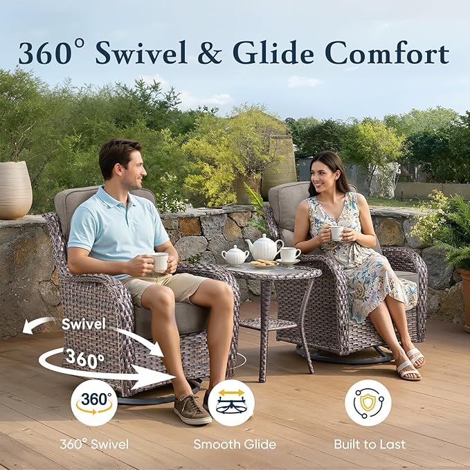 Belord Luxury 6" Thick Cushioned 6 Pieces Patio Furniture Set with Outdoor Couch, Wicker Outdoor Conversation Set with High Back Swivel Rocker Chairs for Deck Porch Yard and Poolside - Brown+Grey