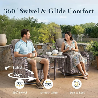 Belord Luxury 6" Thick Cushioned 5 Pieces Patio Furniture Set with Fire Pit Table, Wicker Outdoor Conversation Set with High Back Swivel Rocker Chairs for Deck Porch Yard and Poolside - Brown+Grey