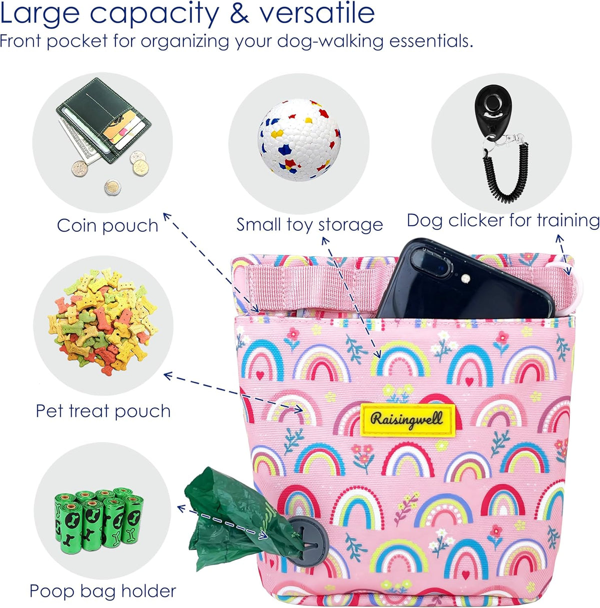Dog Treat Pouch for Pet Walking and Training with Clicker 2 Cup Silicone Bag Small Fanny Pack Holder for Puppy Snack Dispenser Kit for Leash and Outdoor Use (Rainbow)