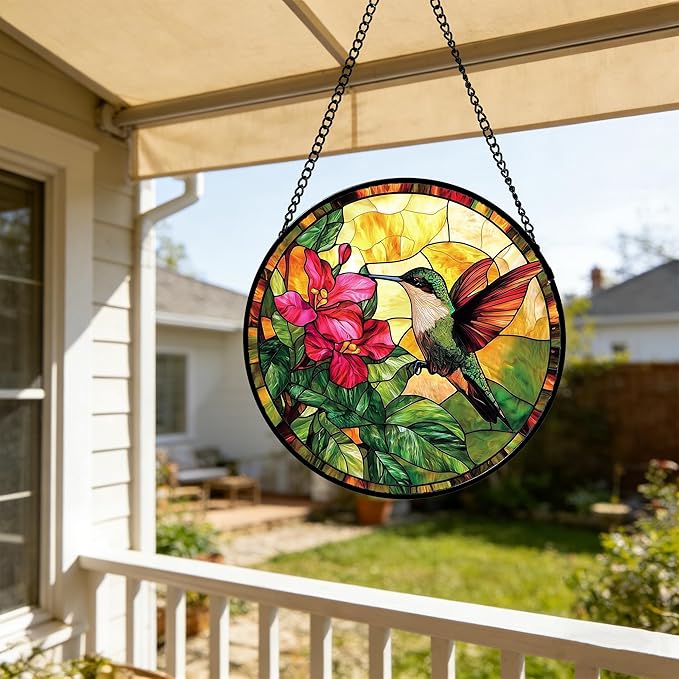 Stained Glass Suncatcher, Hummingbird Red Flowers Green Leaves Sun Catcher Stain Glass Window Hanging Decoration Mother's Day Birthday Gifts for Bird Lover Women Men Mom Nana 6.3 in