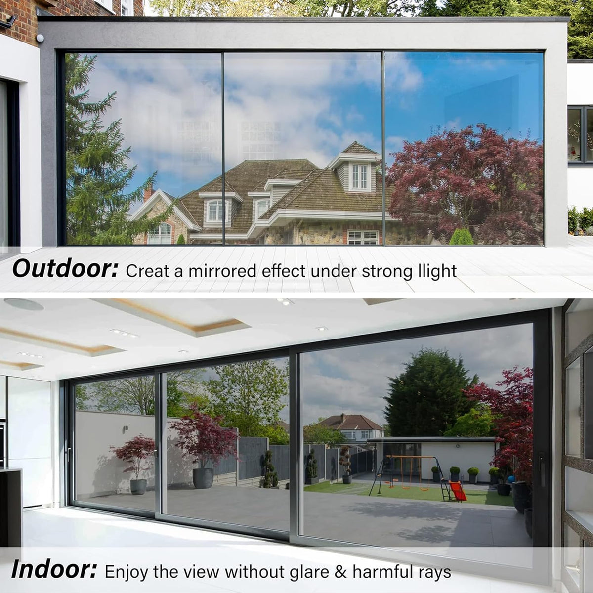 Kromapolis One Way Window Privacy Film Reflective Mirror Home Window Tint, Daytime Privacy Heat Control Anti UV Glass Tinting Static Cling (Silver, 29.5 x 157.4 inch)