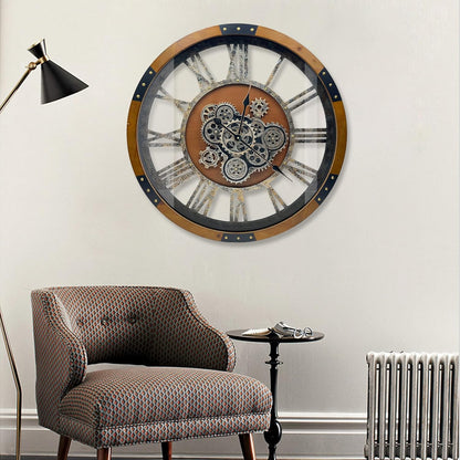 DORBOKER 24" Original Moving Gears Wall Clock, Large Industrial Wall Clock for Living Room Decor, Retro Wood Vintage Farmhouse Steampunk Rustic Clocks for Wall Decor,Brown Nanmu
