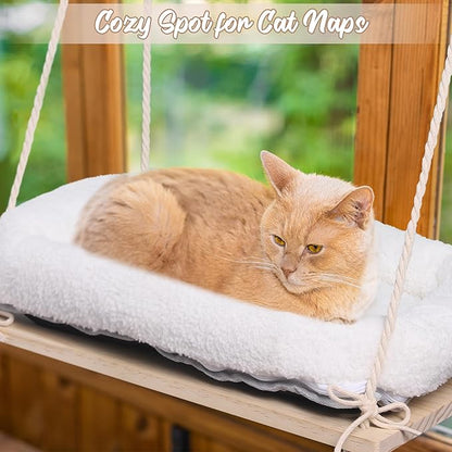 MCEAST Cat Window Perch with Cushion Bed Fluffy Blanket 4 Strong Suction Cups Hanging Window Shelf Easy to Install Solid Window Hammock for Small Medium Indoor Cats, Natural Wood Color
