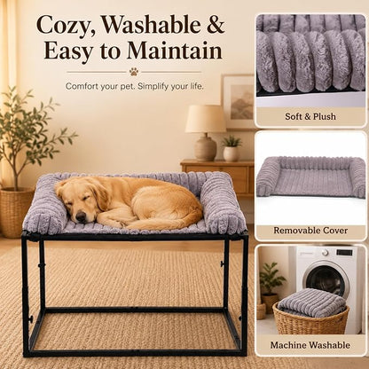 Adjustable Bedside Dog Bed for Medium Dogs | Elevated Co-Sleeper Dog Bed with Metal Frame, Thick Supportive Cushion Mattress & Washable Cover, Dog Bedside Sleeper