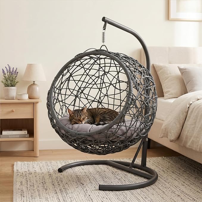 Hanging Cat Swing Bed with Stand & Cushion | Rattan Wicker Egg Chair for Cats, Small Dogs & Pets, Indoor Swinging Bed, Cozy Resting Spot, Modern Design