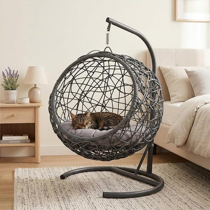 Hanging Cat Swing Bed with Stand & Cushion | Rattan Wicker Egg Chair for Cats, Small Dogs & Pets, Indoor Swinging Bed, Cozy Resting Spot, Modern Design