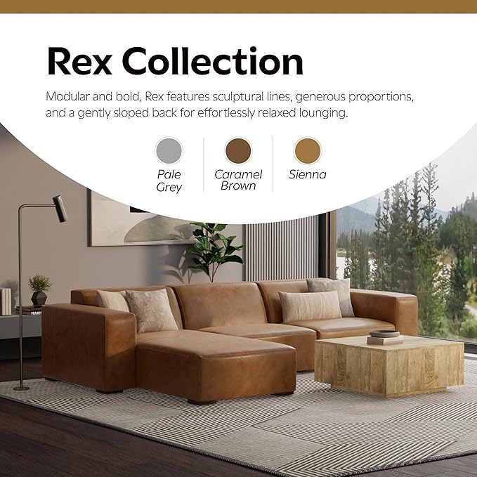SIMPLIHOME Rex Left-Facing Modular Sectional Sofa in Full-Grain Genuine Leather, Caramel Brown, 122-inches Wide, Handcrafted Modern-Style 4-Seater L-Shaped Leather Couch with Left Chaise