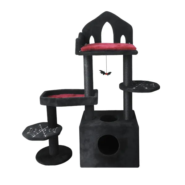 Black Gothic Cat Tree, Multi-Level Spooky Cat Tree With Scratching Posts, Perches, Hammock, And Cat Cave - Black Cat Tower For Indoor Cats With Interactive Toy, Perfect For Multiple Cats 44.5in
