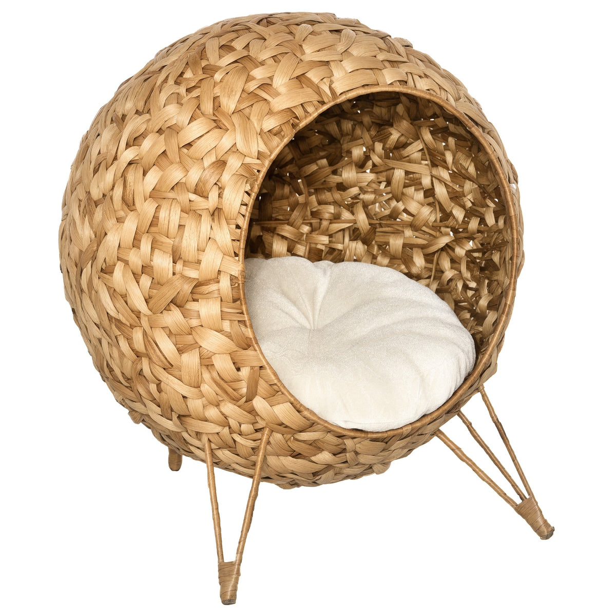 20.5" Weaved Cat Bed, Elevated Hand-woven Braided Banana Leaf Kitten House Condo with Cushion, Natural