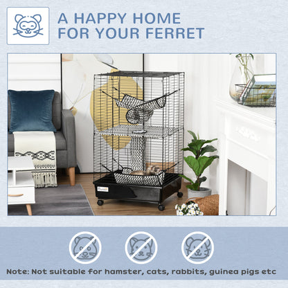 42" Ferret Cage, Small Animal Habitat Metal Pet Cage with Wheels Brakes, Hammocks, Hanging Tunnels, and 3 Doors, Black