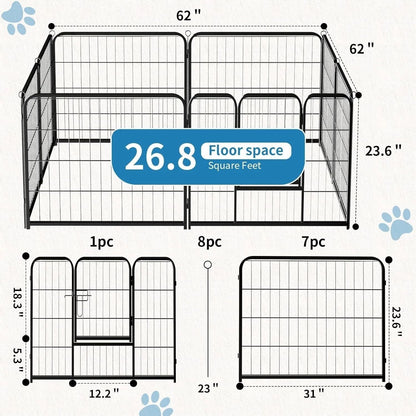 Indoor Outdoor Dog Playpen, Premium Pet Puppy Fence With Gate, Portable Cage