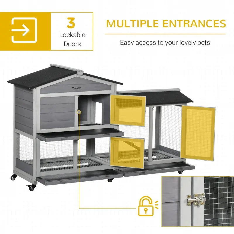 Wooden Mobile Rabbit Hutch With Wheels, Run Box, Slide-out Tray, Ramp