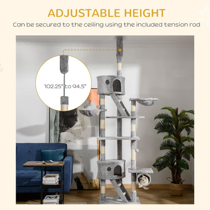 Floor to Ceiling Cat Tree, 94.5-102.5 inch Height Adjustable Cat Climbing Tower with Scratching Posts, Condos, Hammocks