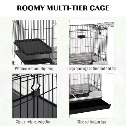 2-Level Small Animal Cage Rabbit Hutch with Wheels, Removable Tray, Platform and Ramp for Bunny, Chinchillas, Ferret, Black