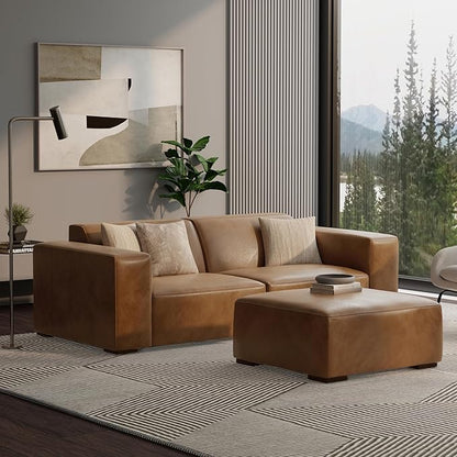 SIMPLIHOME Rex Modular Sofa and Ottoman Set in Full-Grain Genuine Leather, Caramel Brown, 88-inch-Wide 2-Seater Leather Couch and Matching 34-inch-Wide Table Ottoman for Living Room