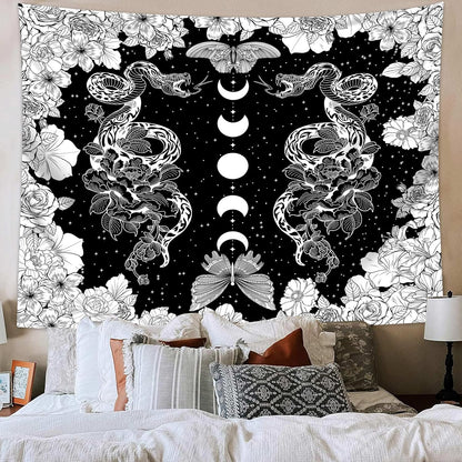 dueeia Moon Phase Witchy Tapestry Wall Hanging Snake Witch Occult Black and White Dark Tapestries for Bedroom Aesthetic Living Room Wall Decor (78.7"x59.1")