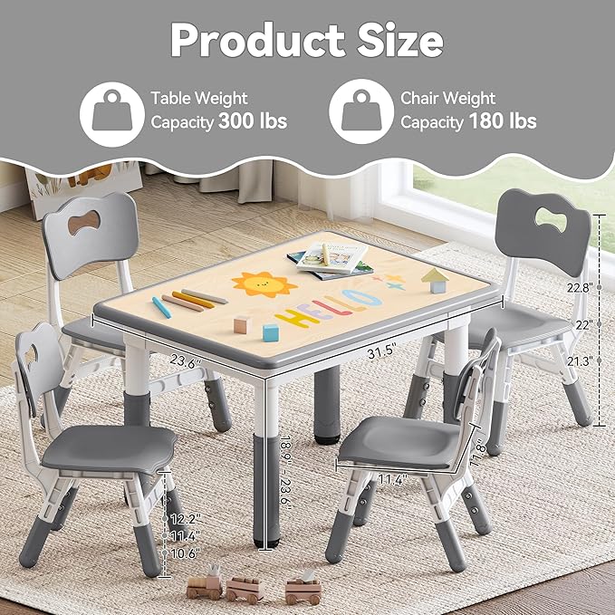 Kids Study Table and Chairs Set, Height Adjustable Toddler Table and Chair Set for Kids Ages 3-8, 31.5" L x 23.6" W Graffiti Desktop Plastic Children Art Table with 4 Seats, Grey