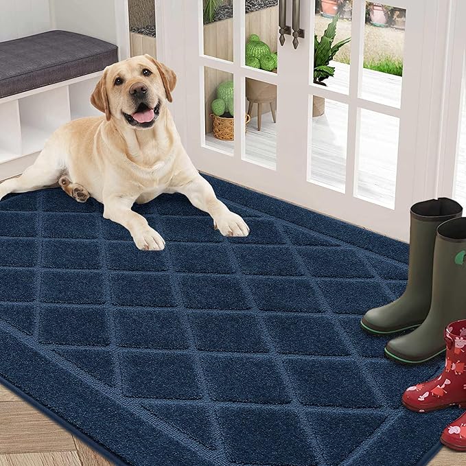 BEQHAUSE Dirt Trapper Door Mat 36" x 60", Doormat Non-Slip Entryway Rugs Washable, Dog Door Mat Stain Resistant and Absorbent Welcome Floor Mat for Front Back Door, Mud Wet Shoes & Paws, Navy Blue