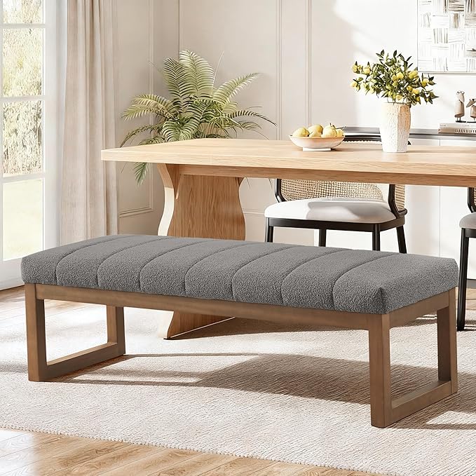 52.7" Bedroom Bench for End of Bed, Modern Upholstered Teddy Fabric Entryway Bench & Dining Bench, Footrest Stool Bench with Solid Wood Frame for Bedroom, Living Room (Light Grey)