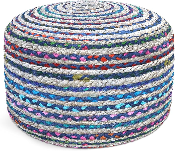 SIMPLIHOME Margo Boho Round Pouf in Blue Braided Jute for the Living Room, Bedroom and Kids Room