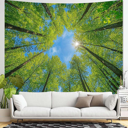 AMM Nature Forest Tree Celling Tapestry Lush Green Treetops Sunlit Tapestry for Bedroom Aesthetic Sky Sunlight Canopy Leaves Landscape Tapestries Wall Hanging for Living Room Dorm Office 90 x 68 Inch