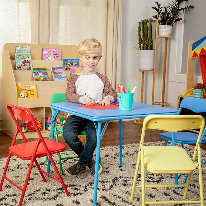 Flash Furniture Mindy Kids 5-Piece set Folding Square Table and Chairs Set for Daycare and Classrooms, Children's Activity Table and Chairs Set, Multicolor